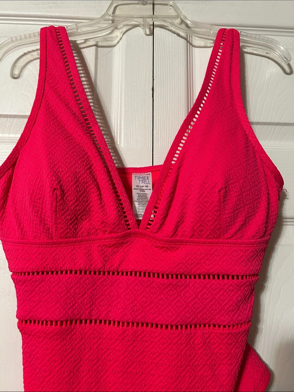 Time and Tru -XL / Swimsuit Hi Cut Leg, Deep V Top, in Hot Pink with Ladder Trim